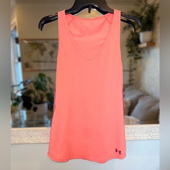 Under Armour Workout Performance Top - Bright Neon Coral Pink/Orange w/ Purple M - Picture 10 of 14